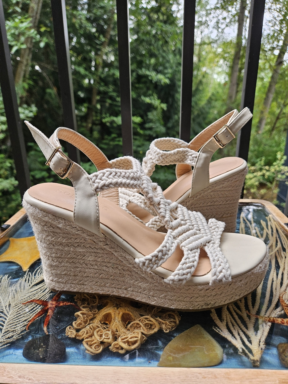 Womens Cream Braided Espadrille Wedge Sandals - Neutral